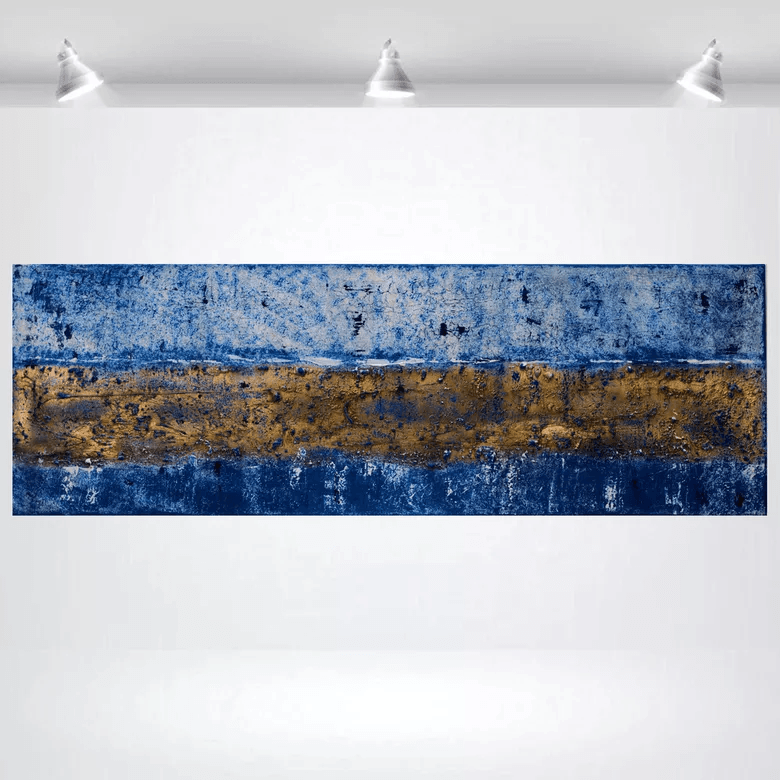 Silent Gilding – Original Gold and Blue Abstract Painting by Edelgard Schroer