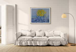 Daffodils in Blue Jug Floral Still Life – Impressionistic Oil Painting displayed above a cozy couch in a modern living room.