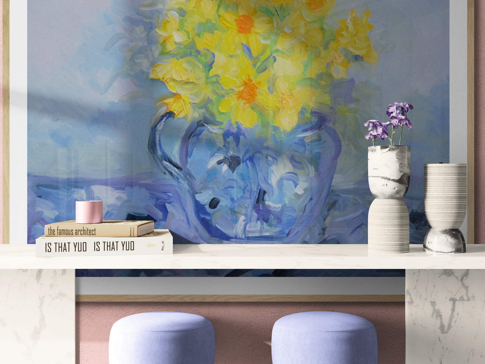 Daffodils in Blue Jug Floral Still Life – Impressionistic Oil Painting with vibrant yellow flowers.