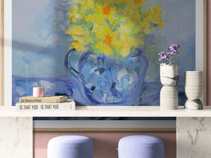 Daffodils in Blue Jug Floral Still Life – Impressionistic Oil Painting featuring vibrant yellow flowers in a blue jug.