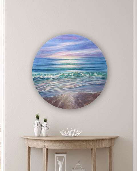 Circular seascape painting depicting serene waves and clouds in a calming coastal landscape.