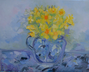 Daffodils in Blue Jug Floral Still Life – Impressionistic Oil Painting with vibrant yellow flowers.