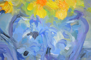 Daffodils in Blue Jug Floral Still Life – Impressionistic oil painting featuring vibrant daffodils in a blue jug.