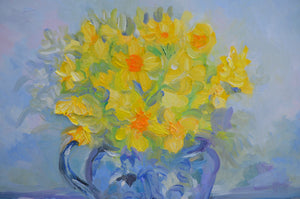 Daffodils in Blue Jug Floral Still Life – Impressionistic Oil Painting featuring vibrant yellow flowers in a blue jug.