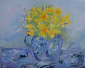 Daffodils in Blue Jug Floral Still Life – Impressionistic Oil Painting of vibrant yellow flowers in a blue jug.