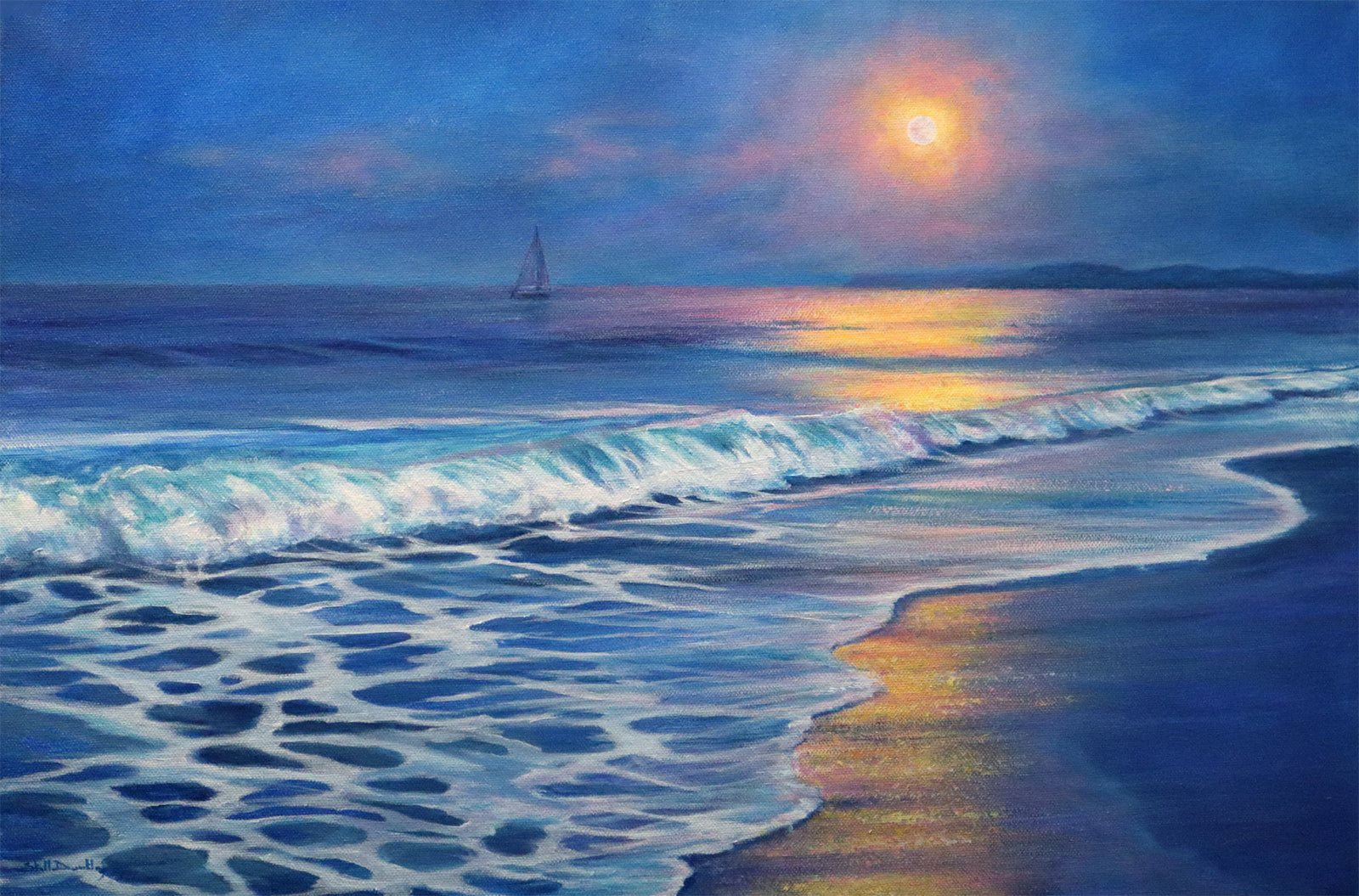 Moonlight Sailing impressionist seascape painting displayed in a coastal living room with ocean view.