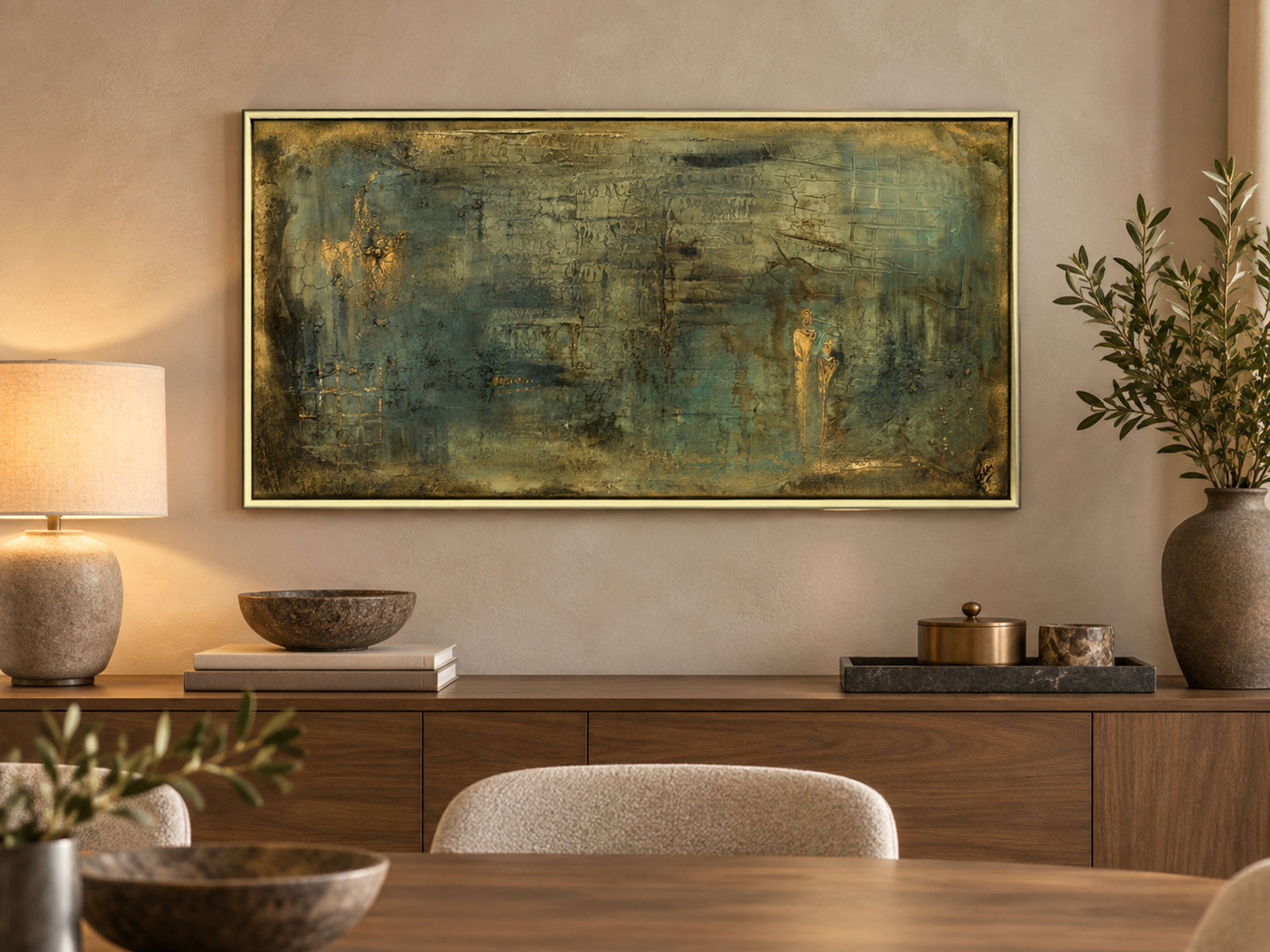 Gold and Teal Abstract Painting – Textured Framed Wall Art | Silent Guardians