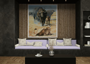 Vanguard | African Buffalo and Lioness Oil Painting by Jeff Cain