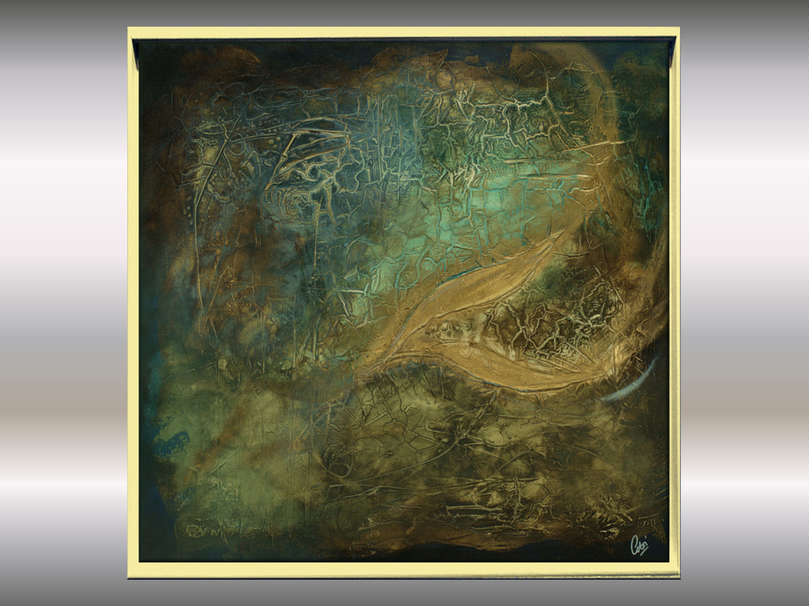 Petrol Blue and Gold Textured Abstract Painting – Original Framed Wall Art | Guardian Presence