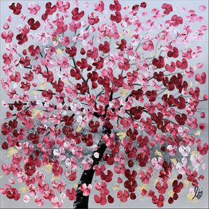 Pink Blossom Tree Painting with Gold Accents – Original Floral Art | Golden Spring