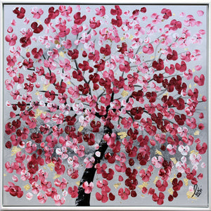 Pink Blossom Tree Painting with Gold Accents – Original Floral Art | Golden Spring