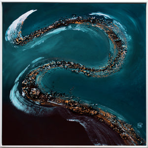 Liquid Horizon – Original Acrylic Painting in White Floater Frame by Edelgard Schroer