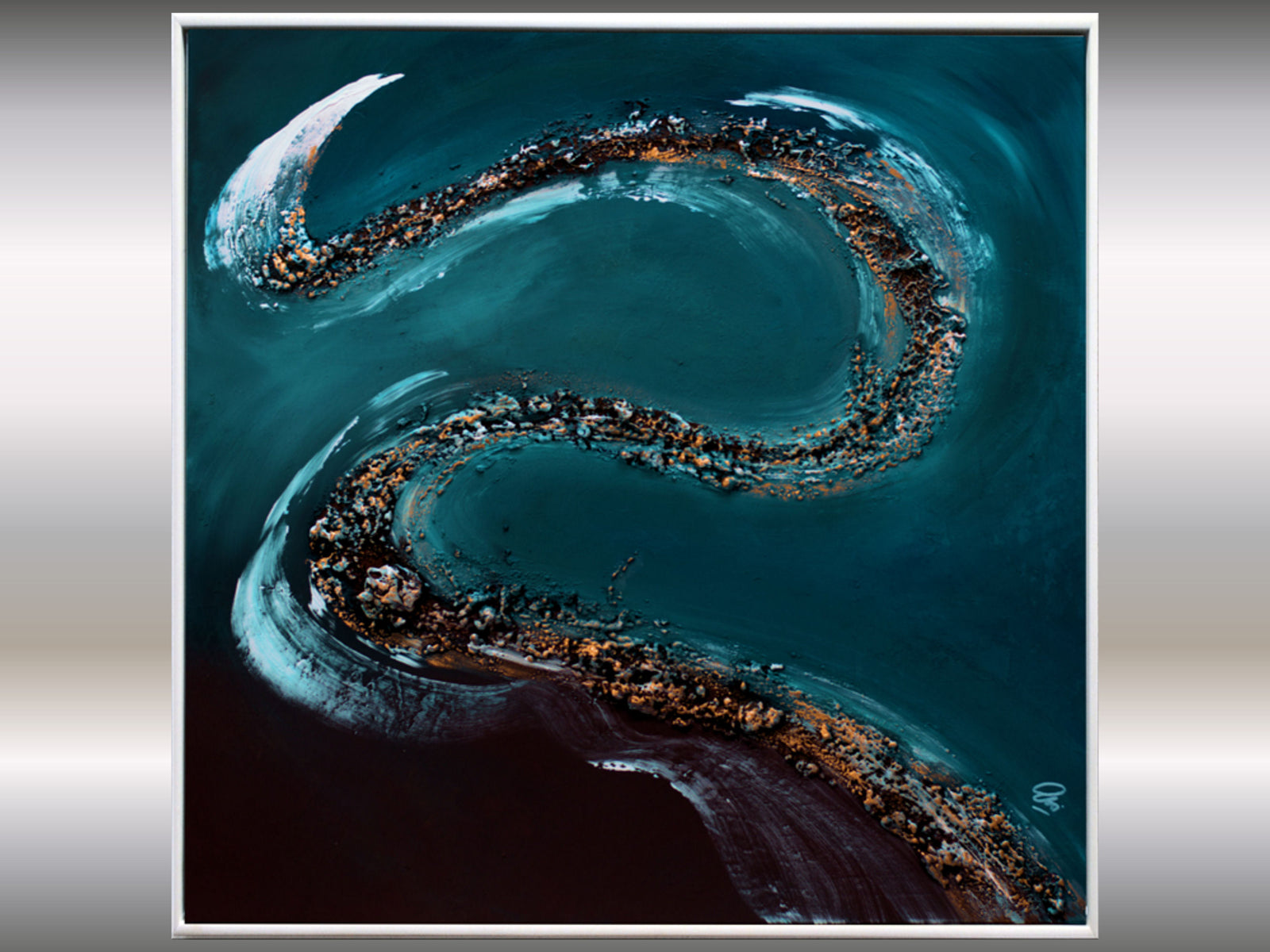 Liquid Horizon – Original Acrylic Painting in White Floater Frame by Edelgard Schroer