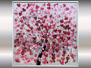 Pink Blossom Tree Painting with Gold Accents – Original Floral Art | Golden Spring