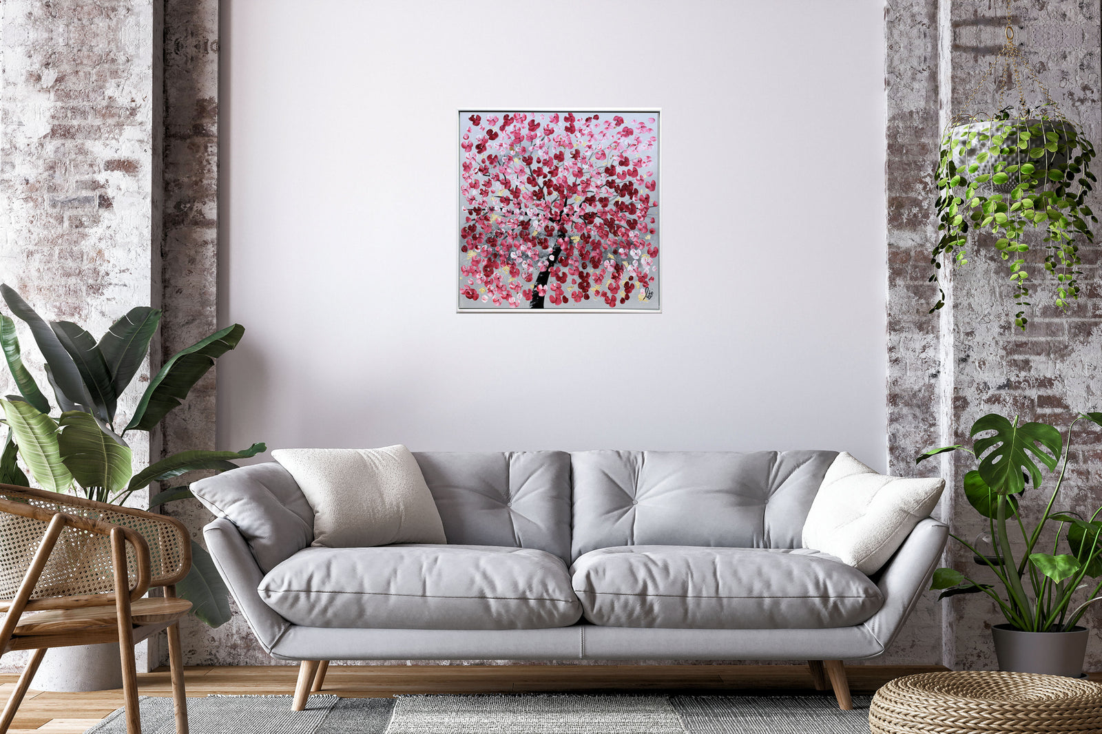Pink Blossom Tree Painting with Gold Accents – Original Floral Art | Golden Spring