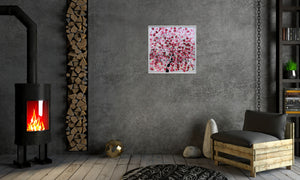 Pink Blossom Tree Painting with Gold Accents – Original Floral Art | Golden Spring
