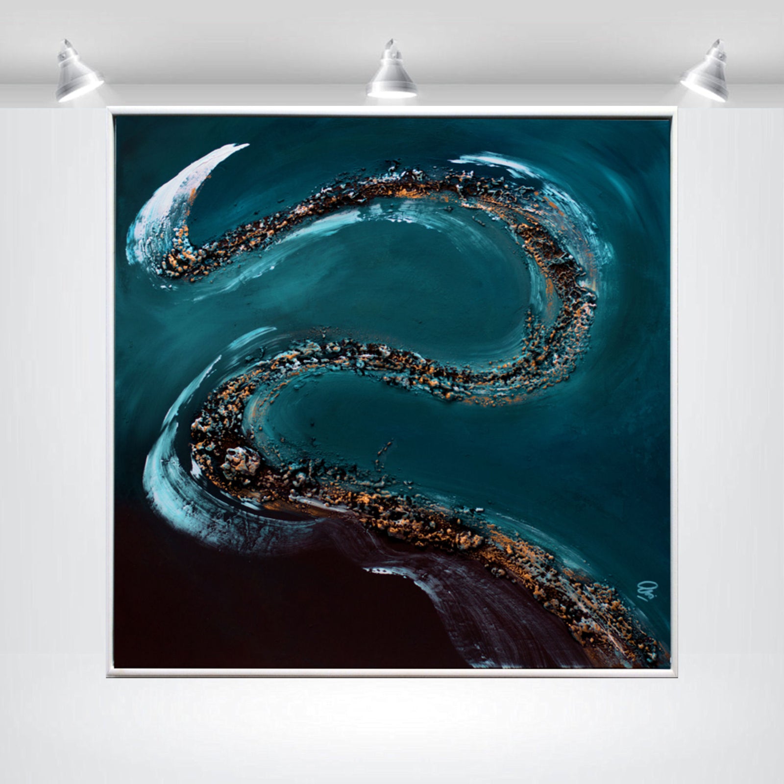 Liquid Horizon – Original Acrylic Painting in White Floater Frame by Edelgard Schroer