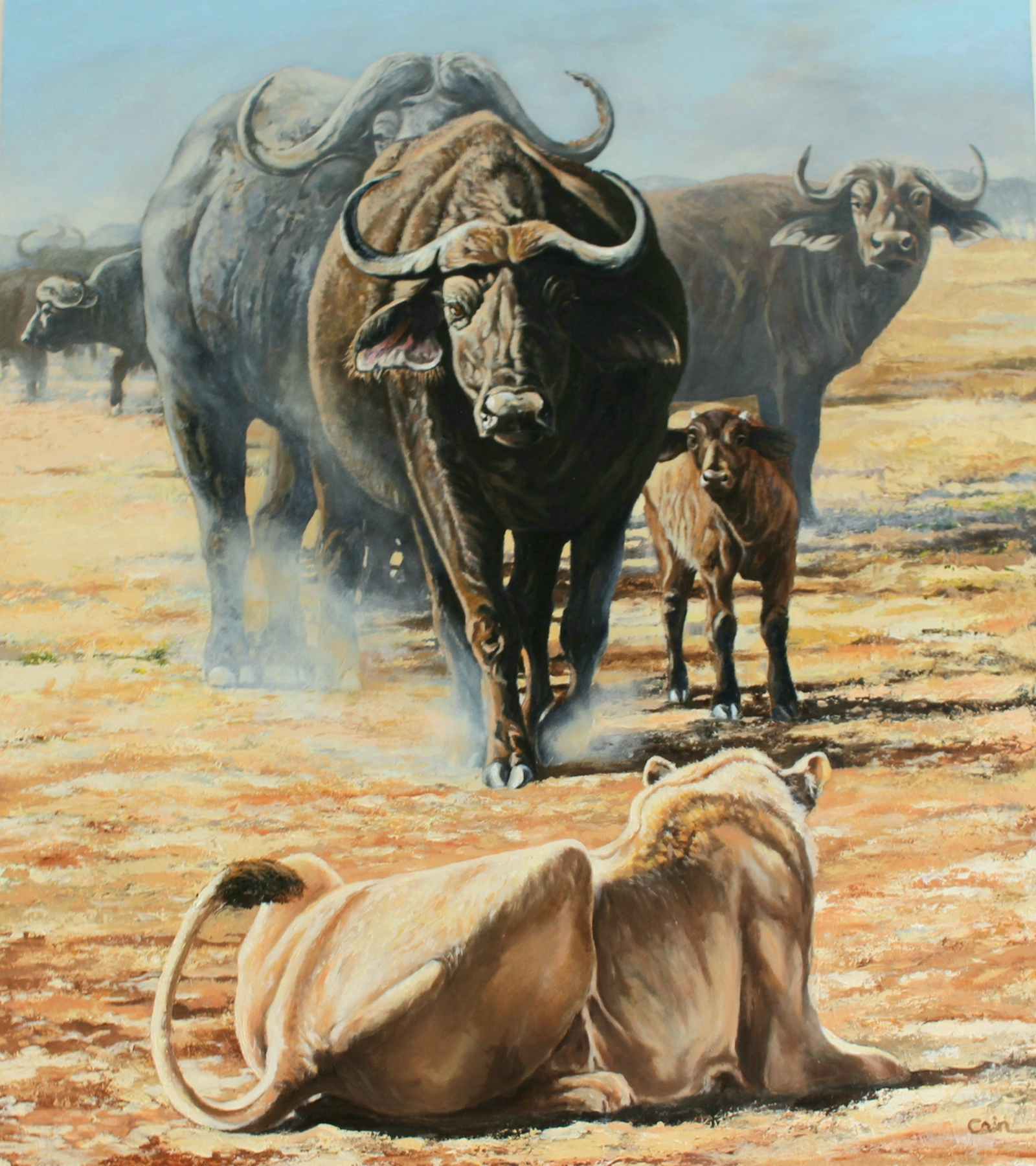 Vanguard | African Buffalo and Lioness Oil Painting by Jeff Cain