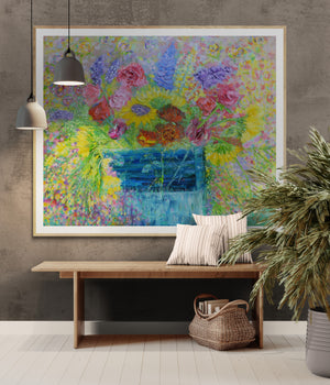 Sunflowers, Stocks & Roses | Large Original Floral Oil Painting | 48” x 40” | Lesley Blackburn