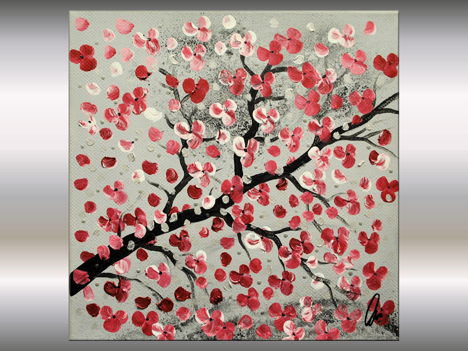 Cherry Blossom Painting  Original Pink and Red Floral Art - Cherry Blooming