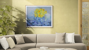 Daffodils in Blue Jug Floral Still Life – Impressionistic Oil Painting displayed in a stylish living room.
