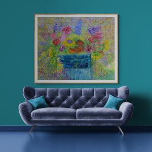 Sunflowers, Stocks & Roses | Large Original Floral Oil Painting | 48” x 40” | Lesley Blackburn