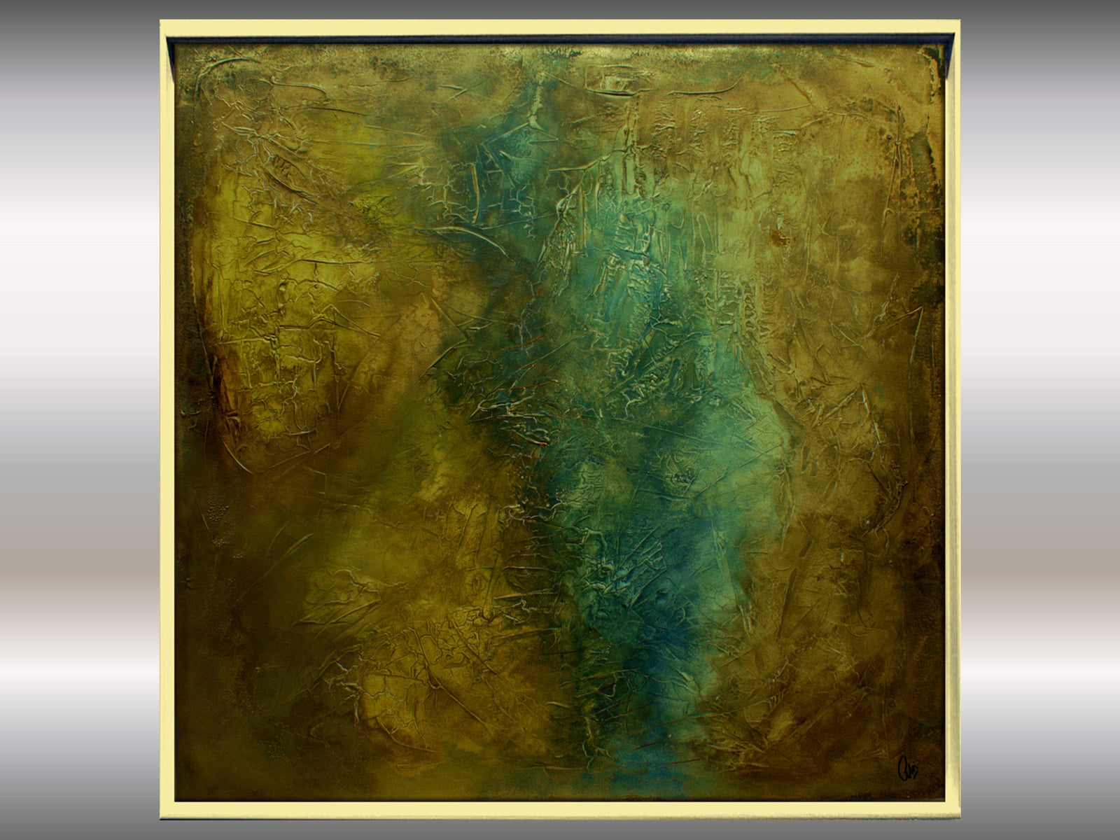 Large Gold and Teal Abstract Painting – Textured Framed Wall Art | Stairway to Heaven