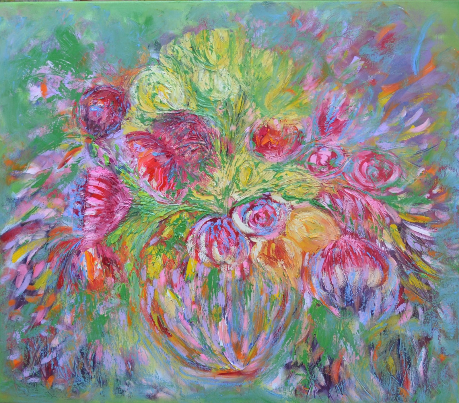 Peonies in a Vase by Lesley Blackburn | Original oil painting of colorful peonies in a vase.