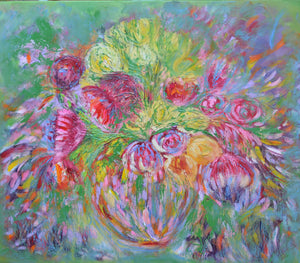 Peonies in a Vase by Lesley Blackburn | Original oil painting of colorful peonies in a vase.