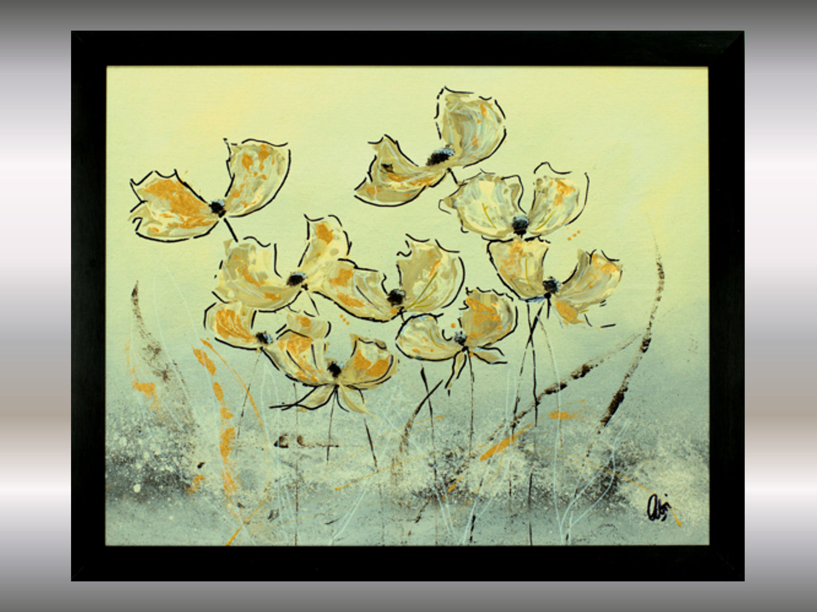 Gold and Cream Poppy Flower Painting – Original Framed Floral Wall Art | Golden Poppies