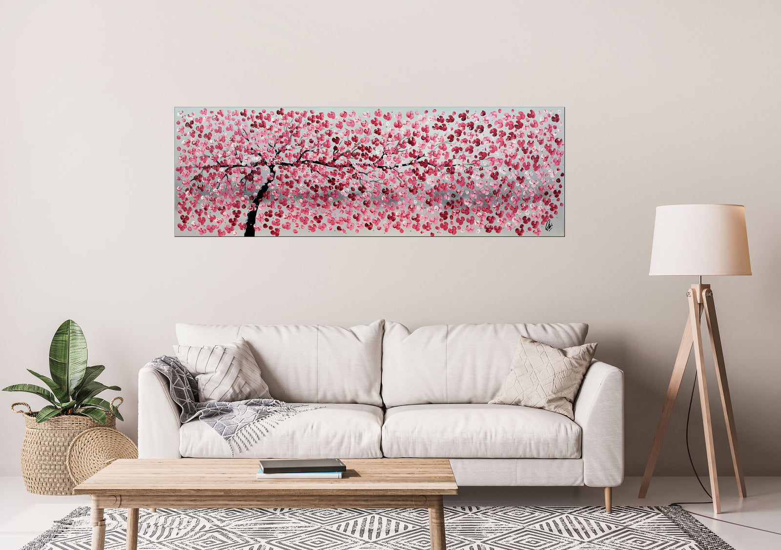 Pink Blossom Tree Painting – Large Panoramic Floral Art | Promise of Spring