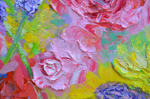 Sunflowers, Stocks & Roses | Large Original Floral Oil Painting | 48” x 40” | Lesley Blackburn