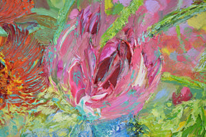 Sunflowers, Stocks & Roses | Large Original Floral Oil Painting | 48” x 40” | Lesley Blackburn