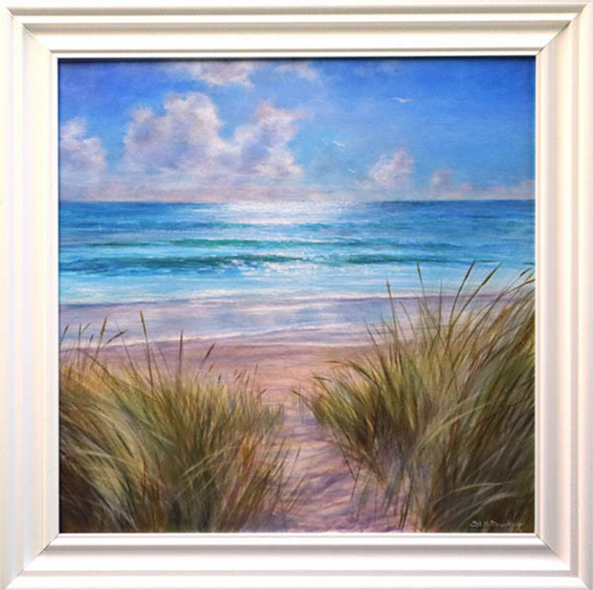 Impressionist seascape painting "Shoreline Serenity" displayed in a modern living room with neutral decor.