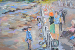 Sidmouth Bay Coastal Painting capturing a vibrant coastal scene with figures by the beach.