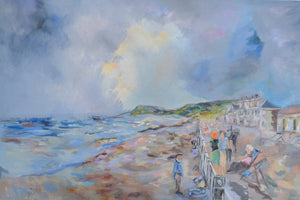 Sidmouth Bay Coastal Painting showcasing a vibrant coastal scene with people enjoying the beach and stunning shoreline.