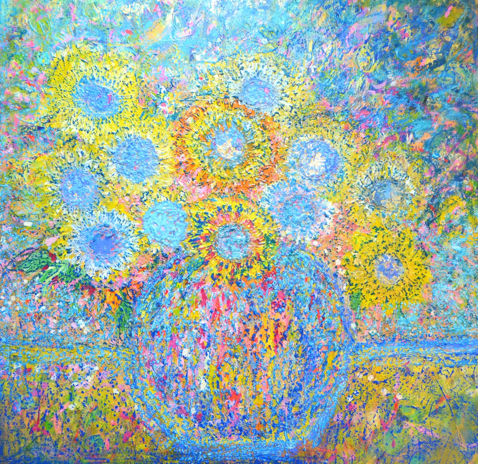 Spanish Sunflowers by Lesley Blackburn | Original Oil Painting featuring vibrant sunflowers in rich hues.