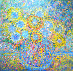 Spanish Sunflowers by Lesley Blackburn | Original Oil Painting featuring vibrant sunflowers in rich hues.
