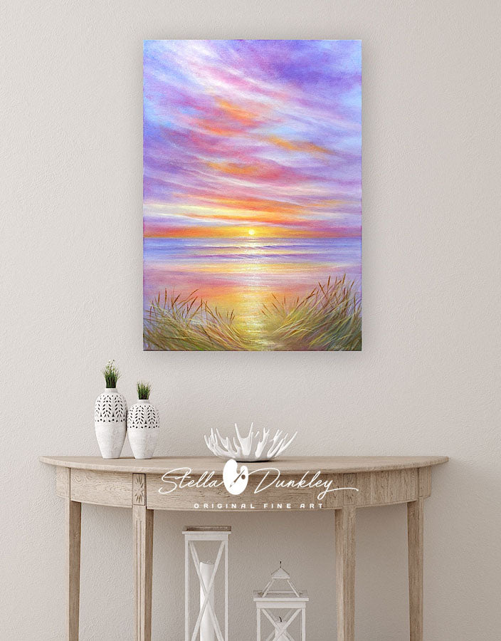 Summer sunset impressionist coastal painting with vibrant hues of orange, pink, and gold reflecting on tranquil waters.