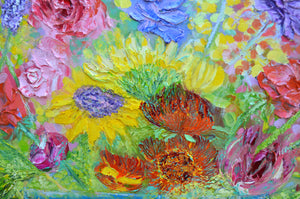 Sunflowers, Stocks & Roses | Large Original Floral Oil Painting | 48” x 40” | Lesley Blackburn