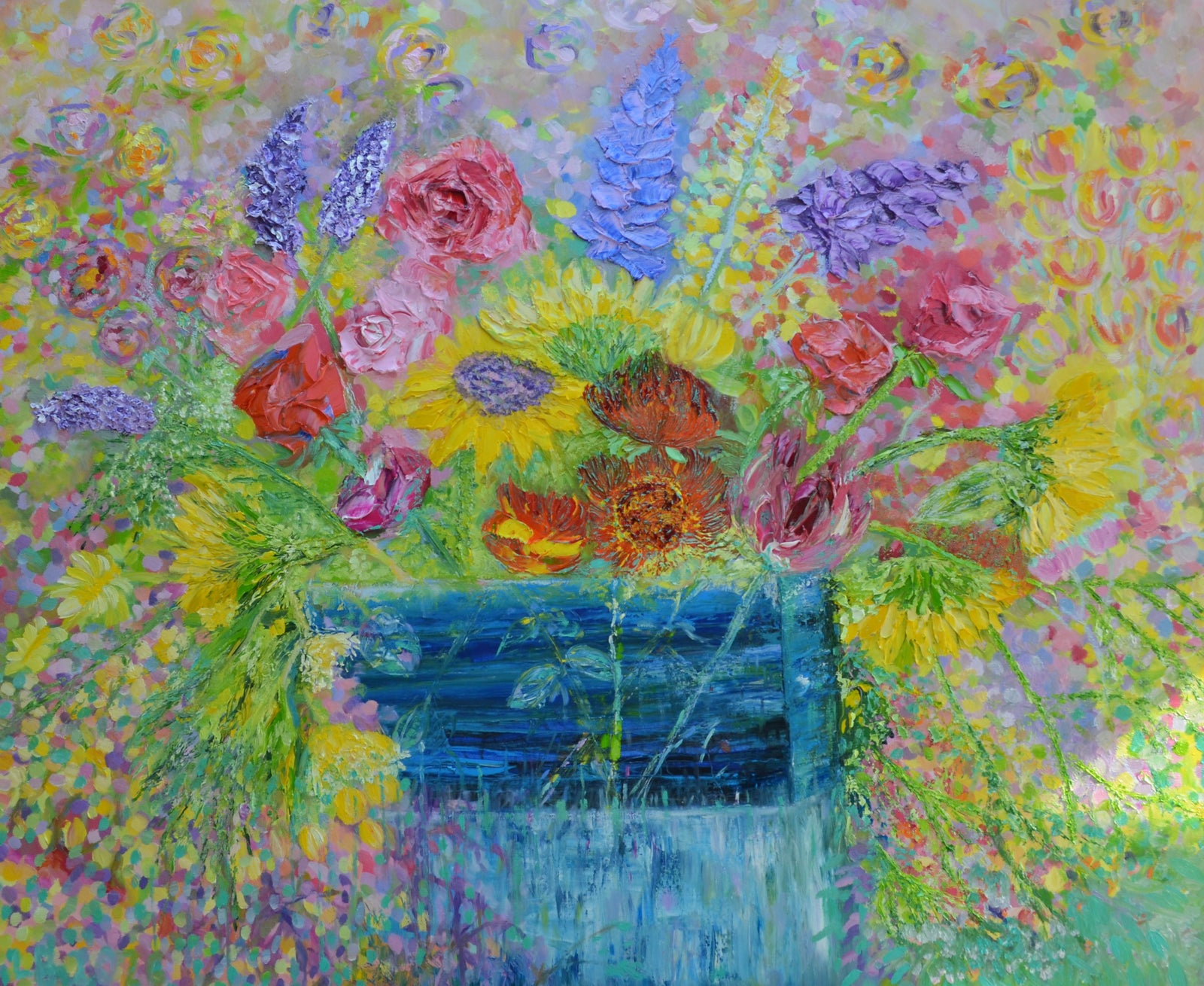 Sunflowers, Stocks & Roses | Large Original Floral Oil Painting | 48” x 40” | Lesley Blackburn