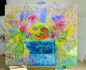 Sunflowers, Stocks & Roses | Large Original Floral Oil Painting | 48” x 40” | Lesley Blackburn