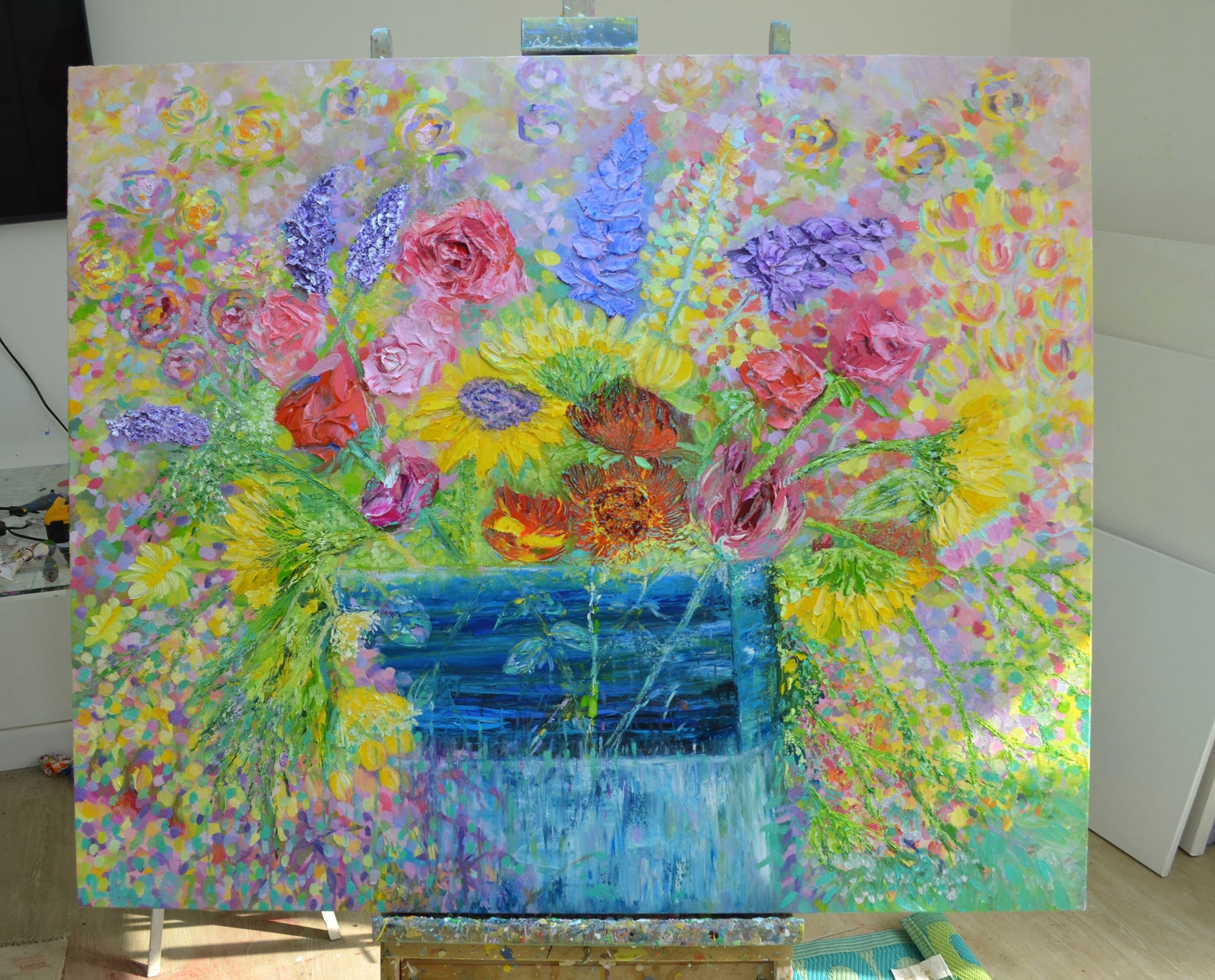 Sunflowers, Stocks & Roses | Large Original Floral Oil Painting | 48” x 40” | Lesley Blackburn