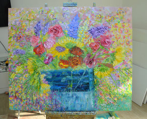 Sunflowers, Stocks & Roses | Large Original Floral Oil Painting | 48” x 40” | Lesley Blackburn
