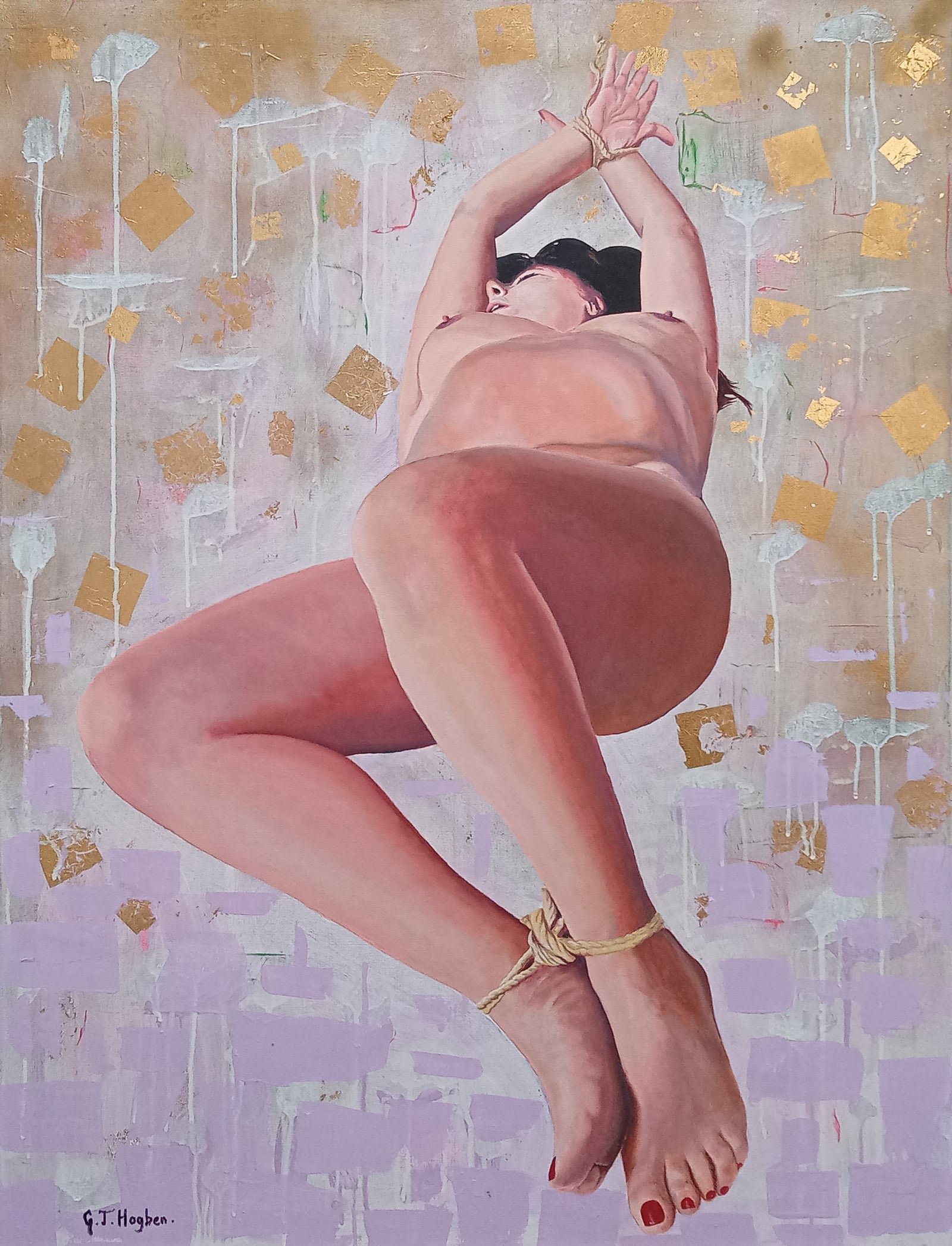 Tethered Large Mixed Media Gold Leaf Painting displaying a nude figure with gold leaf accents and contemporary artistic style.
