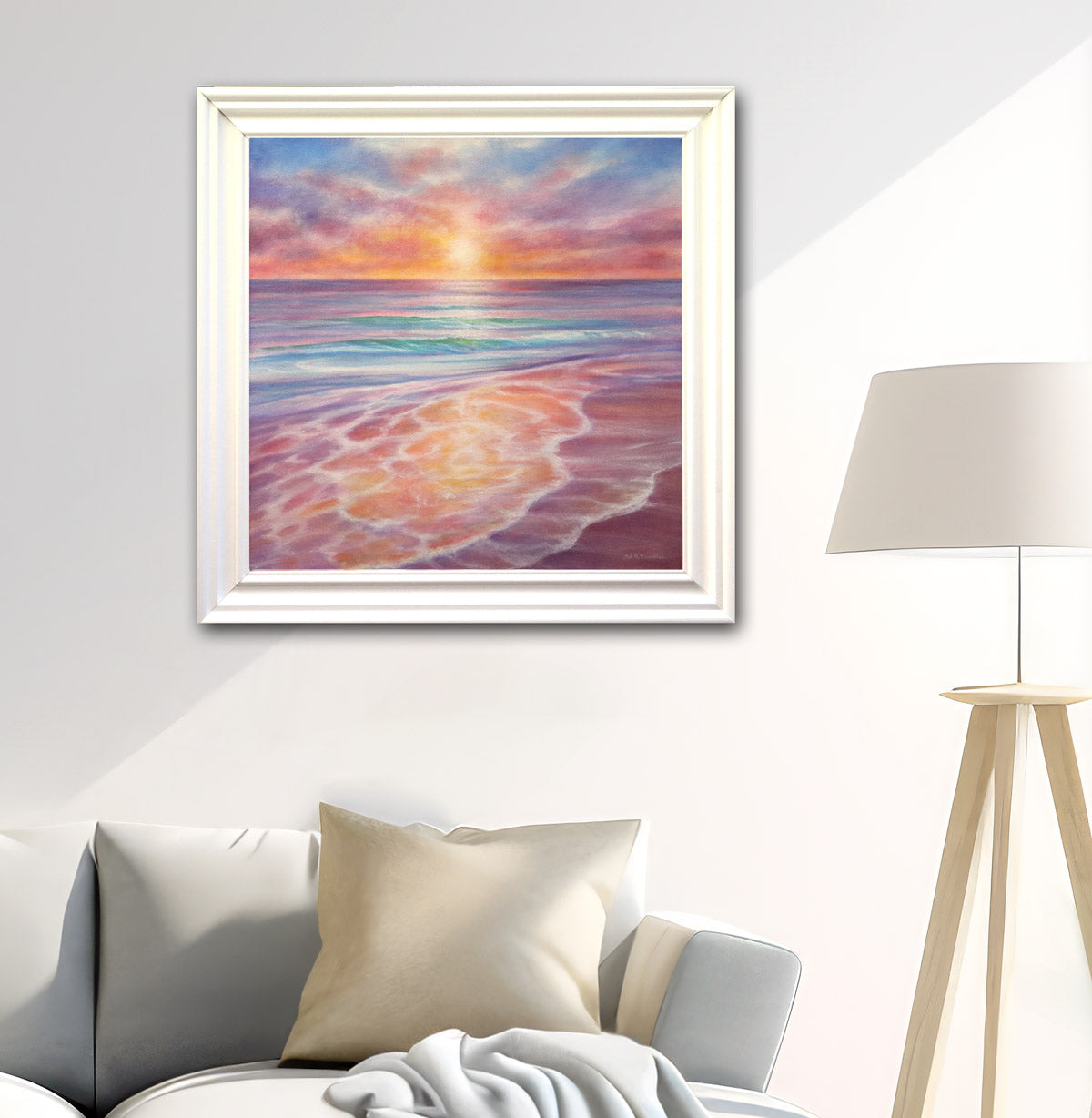 Impressionist coastal sunset painting featuring a vibrant sunset over the sea with gentle waves and warm colors.