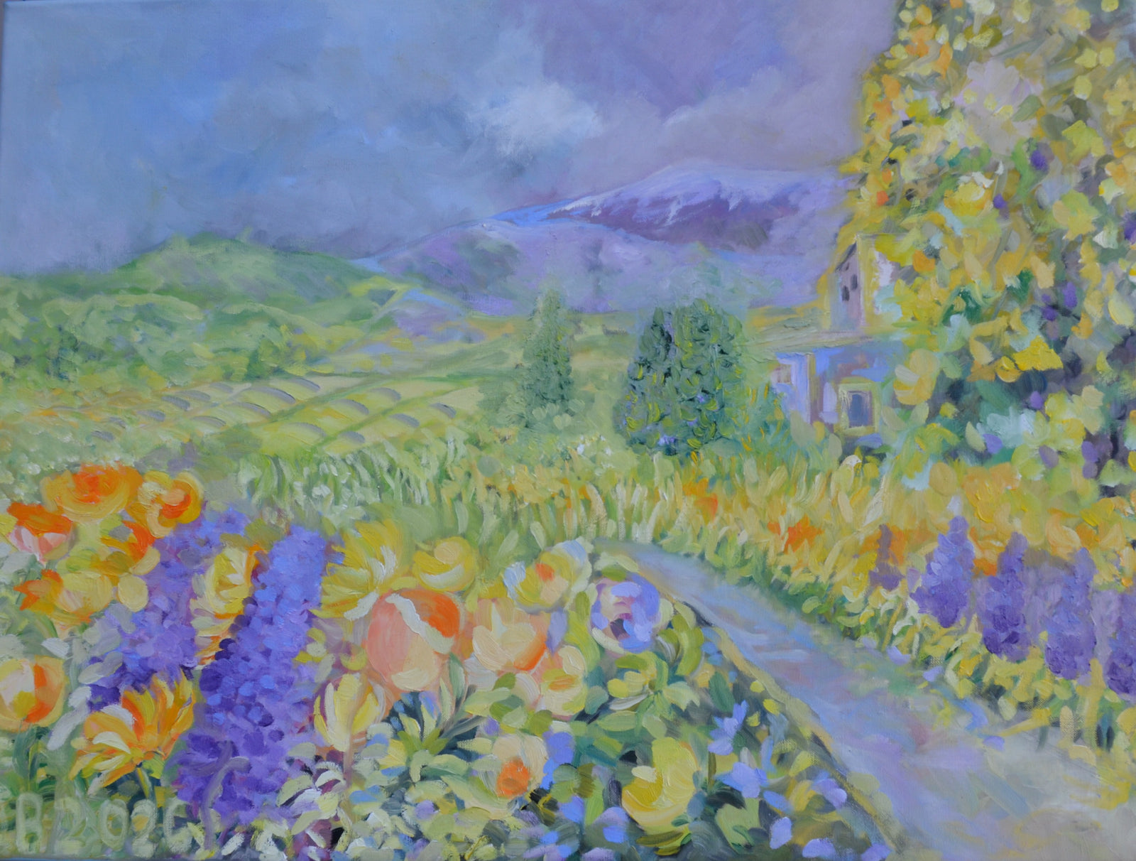 Tuscan Hills Impressionist Landscape Painting showcasing vibrant flowers and rolling hills in a colorful oil painting.