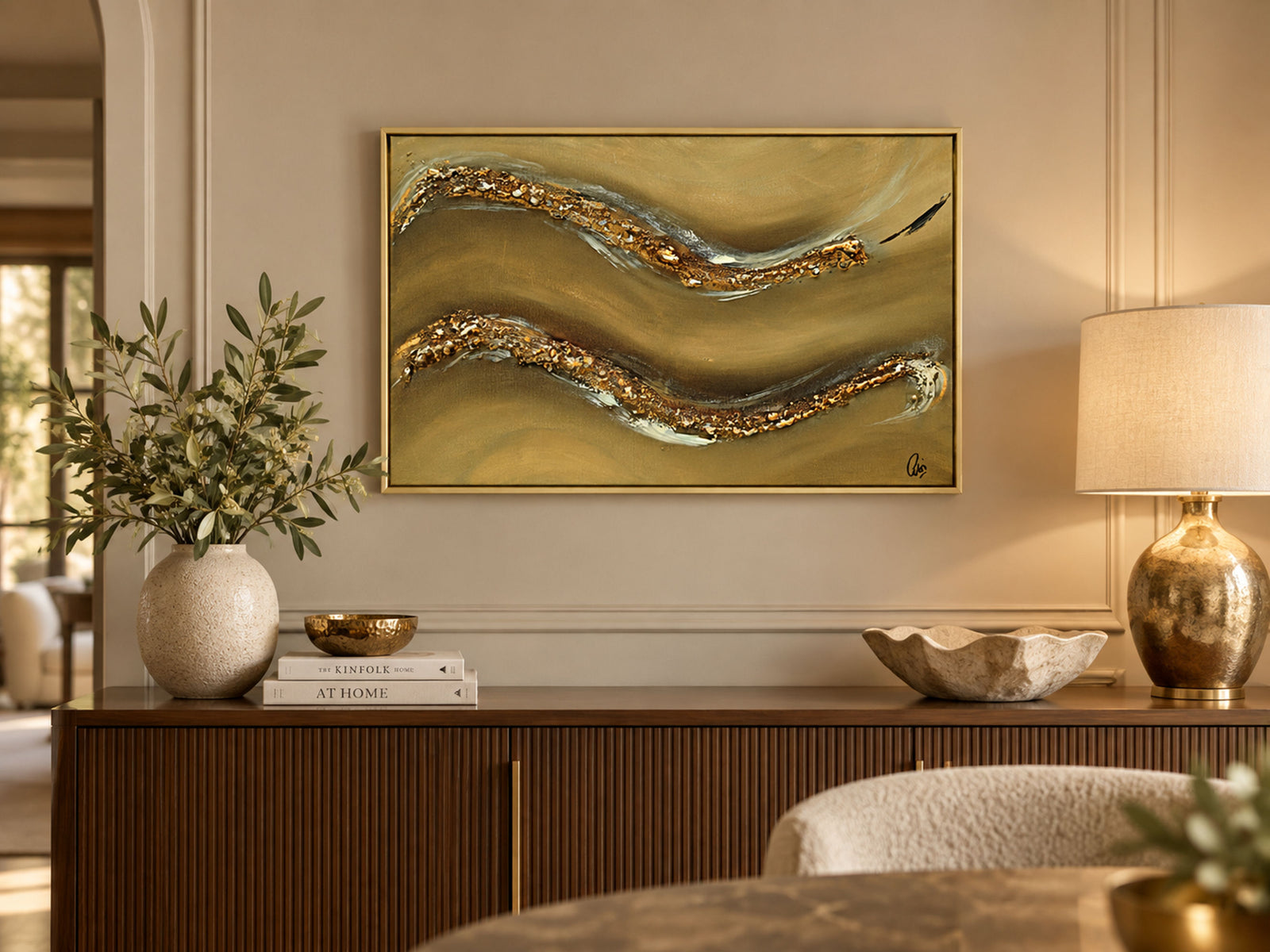 Gold and Taupe Abstract Painting – Original Textured Framed Wall Art | Golden Drift