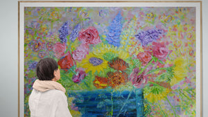 Sunflowers, Stocks & Roses | Large Original Floral Oil Painting | 48” x 40” | Lesley Blackburn